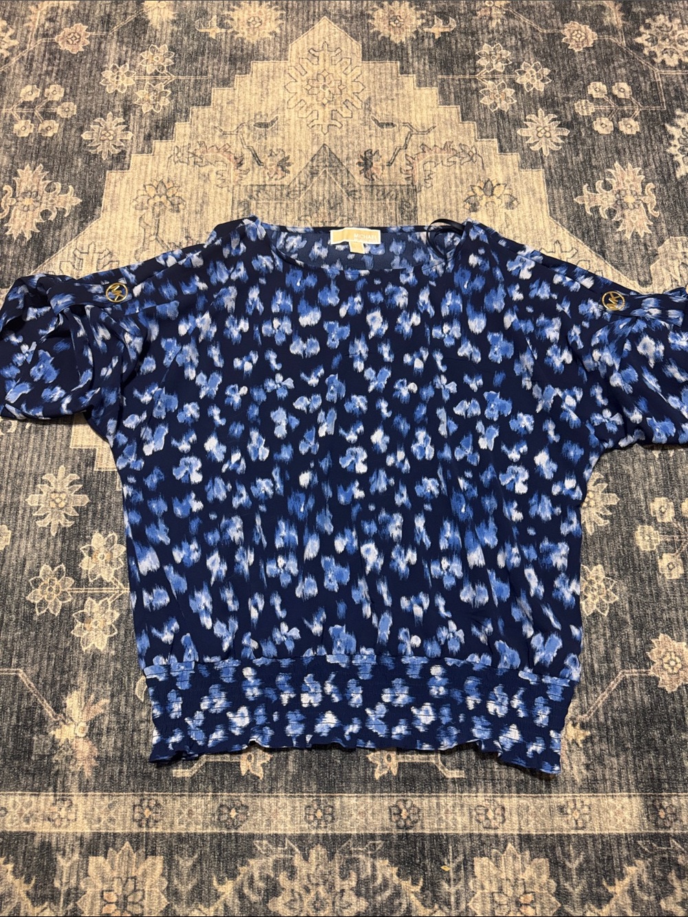 Michael Kors Blue Floral-Print Short Sleeve Blouse